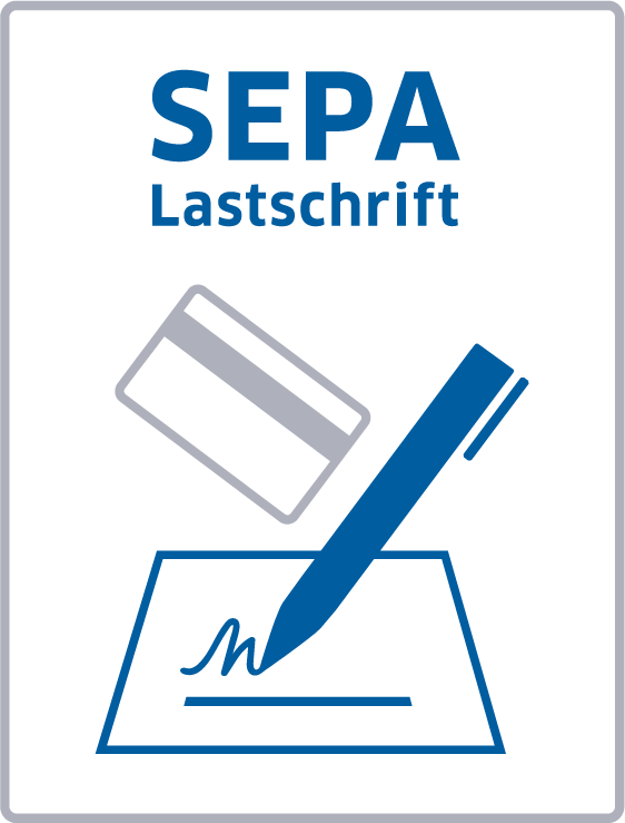 SEPA Lastschriftlogo Das SEPA Lastschriftlogo, der SEPA-Schriftzug, eine Kontokarte und ein Stift, der eine Unterschrift andeutet.